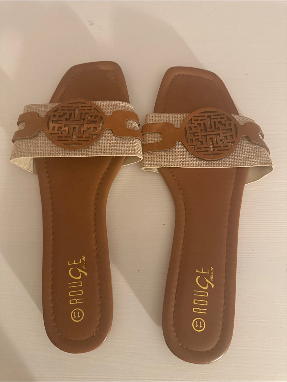 Rouge Helium Tan and Beige Slide Sandals with Decorative Medallion